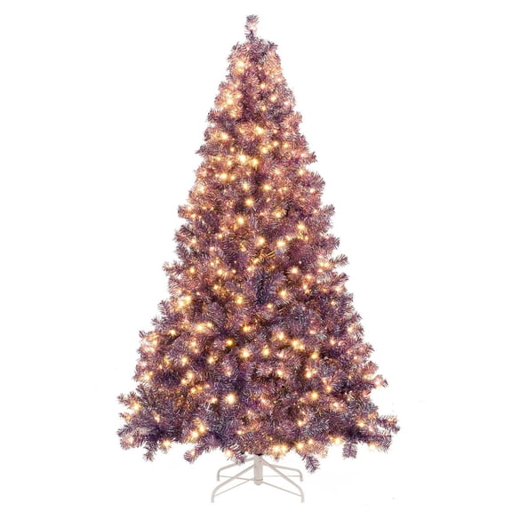 Spaco Pre-Lit Deep Purple Tinsel Christmas Tree - 7.5 FT, 1300 Branch Tips, 550 Warm White LEDs, 8 Lighting Modes