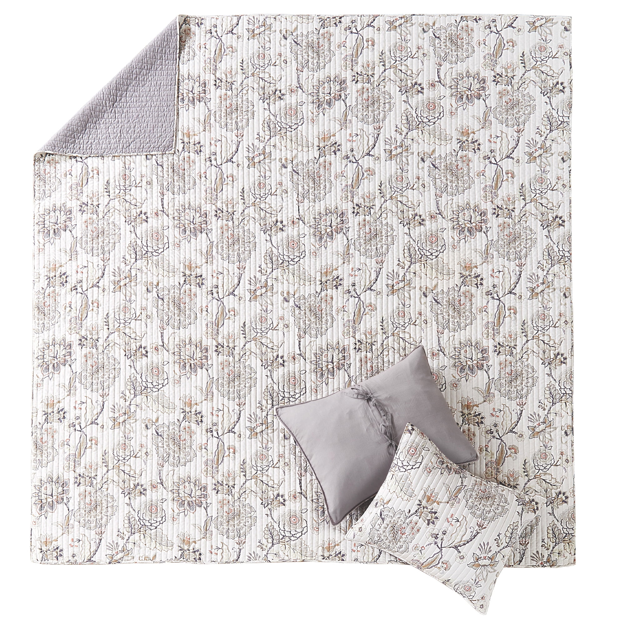 Levtex Home - Ophelia Quilt Set - King Quilt and Two King Shams - Floral - Taupe Grey Cream Blush - Quilt (106x96in.) and Shams (20x36in.) - Reversible - Rayon/Cotton