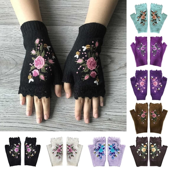 Helii Women's Hand Embroidered Knitted Flower Fingerless Gloves, One Size