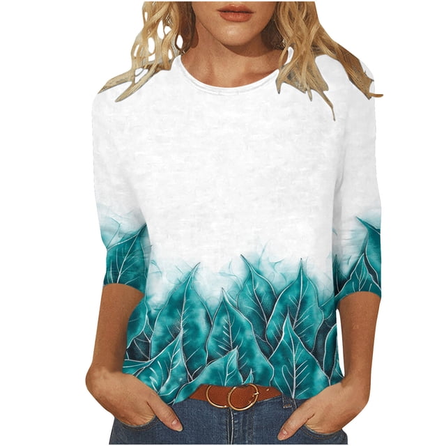 Wanfds Blue Casual Tops For Women Plus Size Crew Neck Three-Quarter Sleeve Top XXL