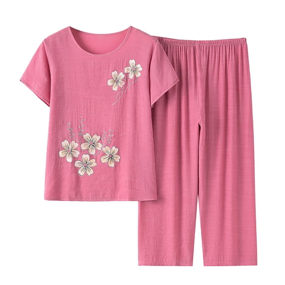 Kezqiaxn Lounge Sets for Women Floral Printed Short Sleeve Crew Neck Tops and Pants Plus Size Summer Outfits
