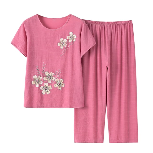 Ensemble Court Deux Pièces pour Femmes Été Coton Lin Ensemble Deux Pièces Manches Courtes Col Rond Hauts Imprimés Pantalons Ensemble Deux Pièces pour Femmes Été Hauts en Lin pour Femmes Été