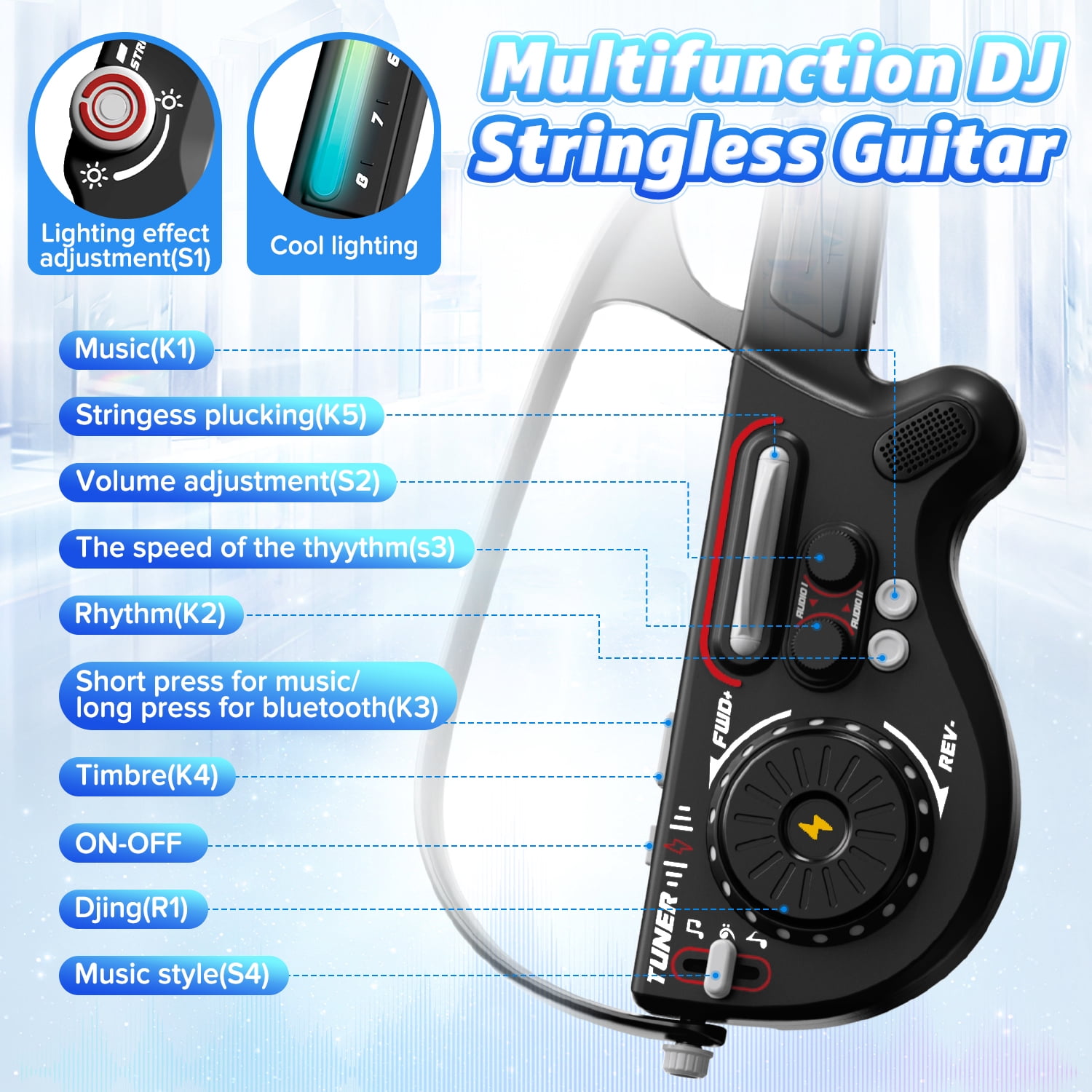 Freecat  Kids Toy Guitar for Toddlers Ages 3 4 5 6 Years, Cool Black Toy Guitar Set with DJ and Bluetooth and Multiple Musical Effects, Christmas and Birthday Gift for Boys Girls.
