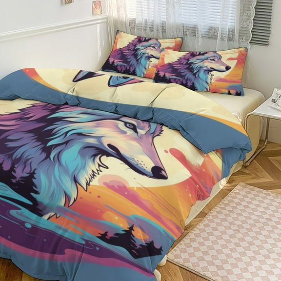 Duvet Cover Queen Size Colorful Lone Wolf 3 Pcs Duvet Cover Set Bedding Sets Queen Soft Breathable