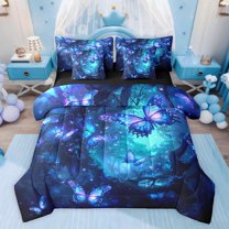 Feelyou Glitter Blue Butterfly Bedding Comforter Set 7 Pieces, Dreamy Jungle Tree Full Bedding Set, Fairy Tale Animals Reversible Fitted Sheet Flat Sheet, Luxury Bedroom Decor