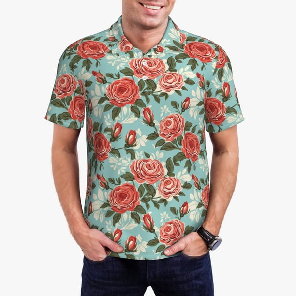 Balery Rose Flowers Camisa Polo de Hombre con Estampado, de Manga Corta y Tejido Medio, Camisa Tipo Golf Polo-X-Large