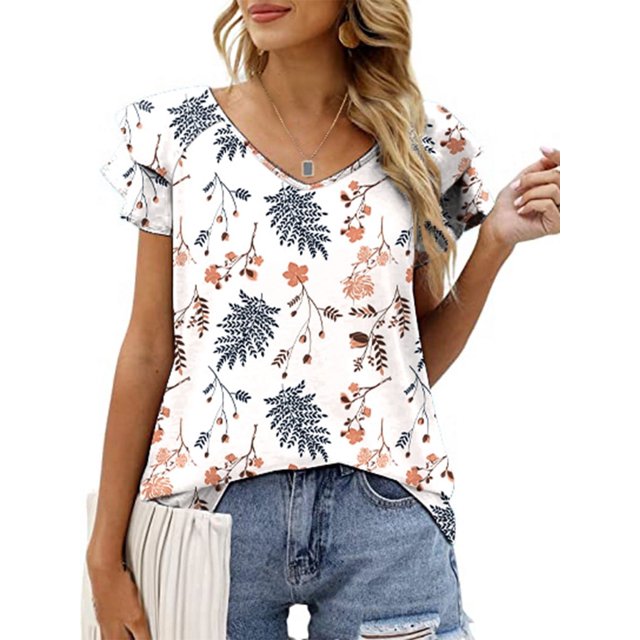 CHOK Womens Tops Summer Double Ruffle Short Sleeve V-Neck Casual Blouses Colorful Leaves-L(US 12-14)