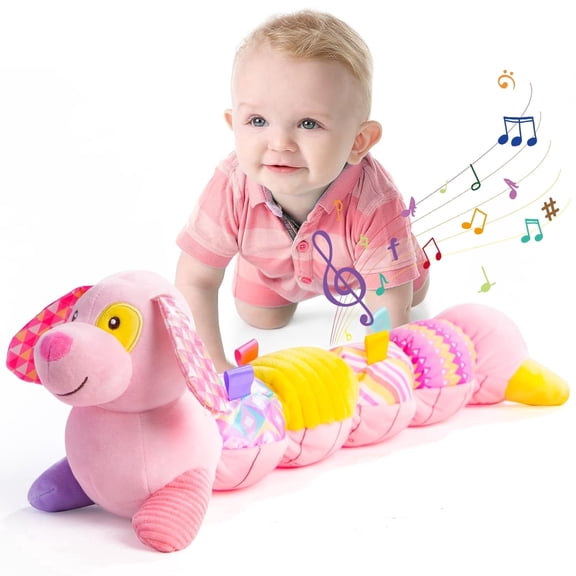 Baby Musical Stuffed Animal Toys 0-12 Months, Pink Puppy With Multi-Sensory Crinkle, Baby Newborn Toys for 0-6 Months Boys Girls, Plush Infant Sensory Toys Gift