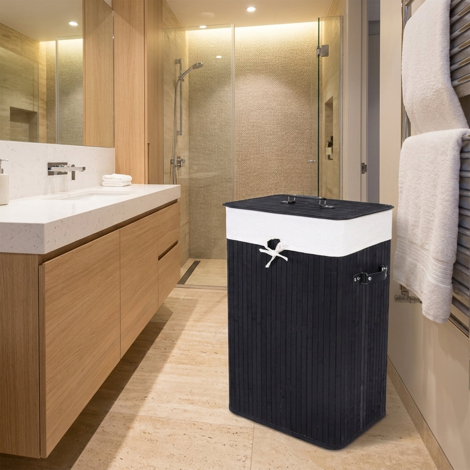 SUGIFT Rectangle Bamboo Laundry Hamper with Lid and Removable Liner, Woven Laundry Basket for Bathroom Bedroom, Black