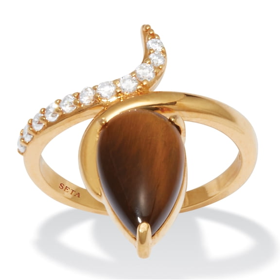 Teardrop Tiger's Eye and Cubic Zirconia 14k Gold-plated Ring