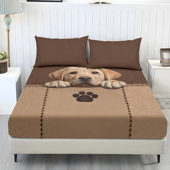 SEANATIVE Twin Size 3 Piece Bed Sheet Set with 1 Fitted Sheet and 2 Pillowcases, Soft Comfortable Stretch Bed Covers Mattress Protector for Bedroom Decor, Golden Retriever Dog Paw Brown