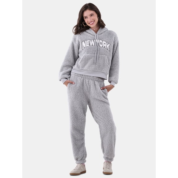 No Boundaries Teddy Fleece Hoodie and Joggers Set, 2-Piece, Women's