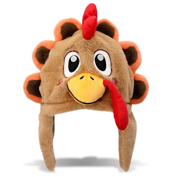 DolliBu Stuffed Animal Turkey Hat - Funny Novelty Hat for Men, Women - Thanksgiving Party Plush Head Wear Costume for Kids and Adults - One Size