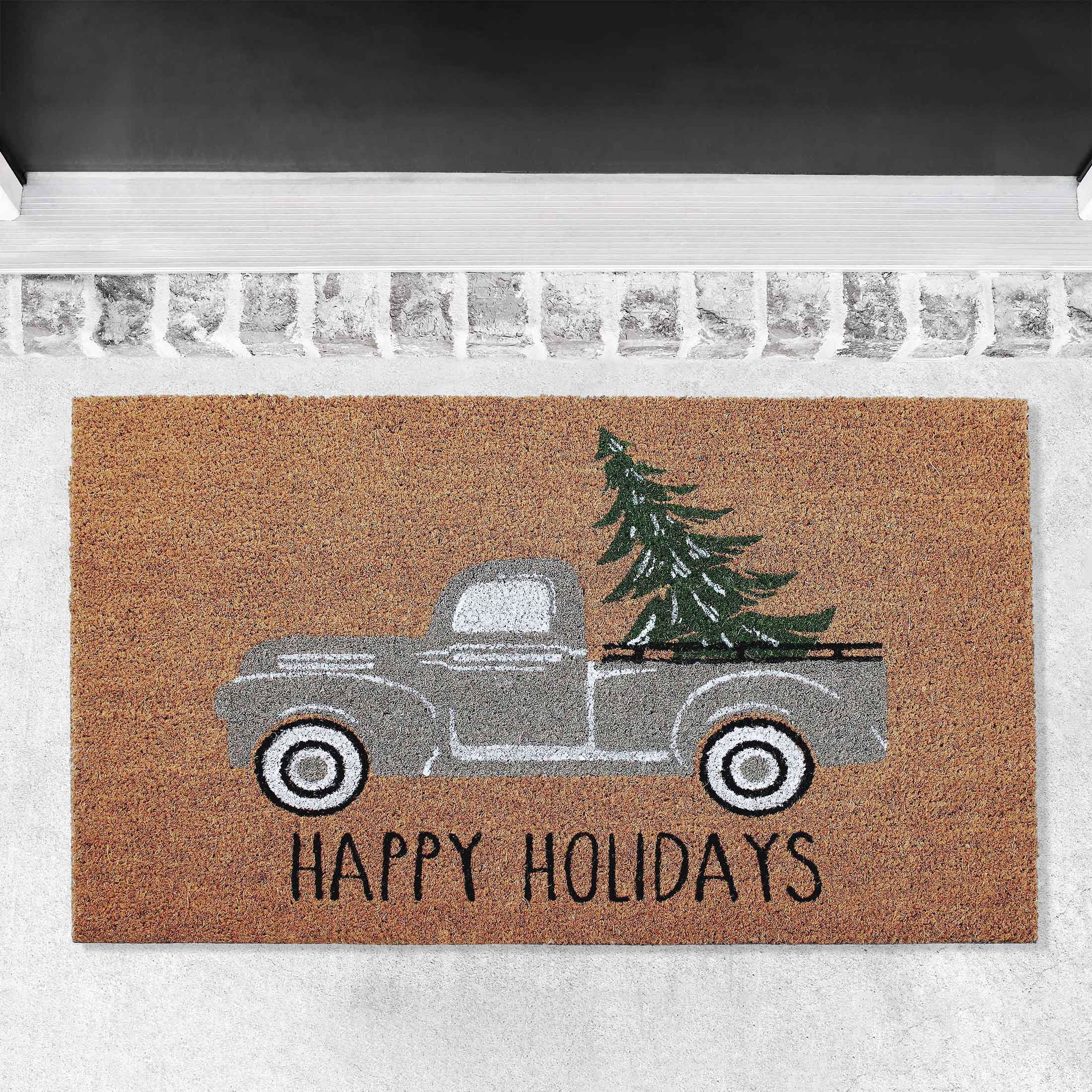 My Texas House Grey Holiday Truck Coir Doormat, 24" x 36"