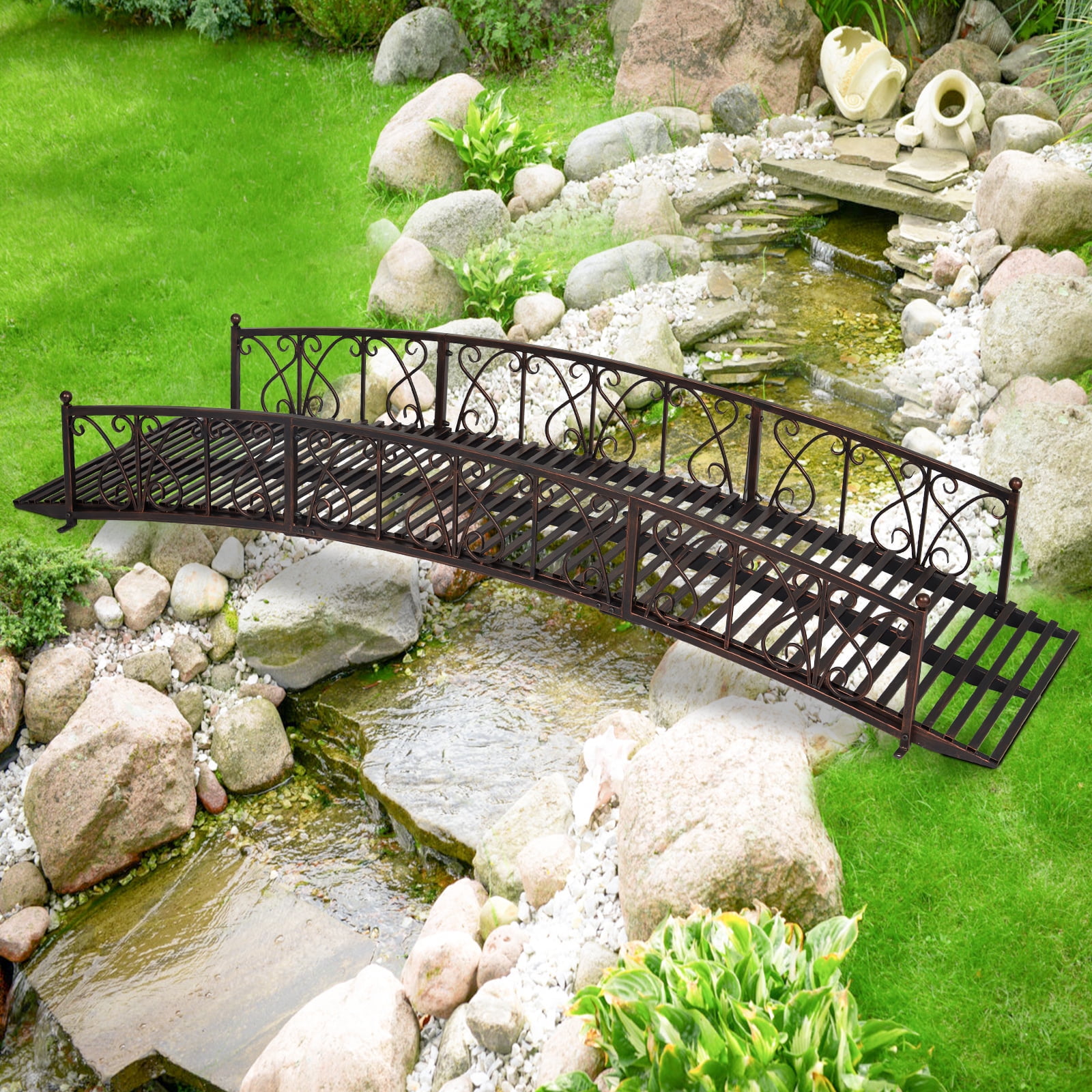 Kinbor 8ft Outdoor Metal Garden Bridge, Garden Arch Footbridge W/ 2 Safety Patterned Siderails, Dark Blonde Kinbor 8ft Outdoor Metal Garden Bridge, Garden Arch Footbridge W/ 2 Safety Patterned Siderails, Dark Blonde