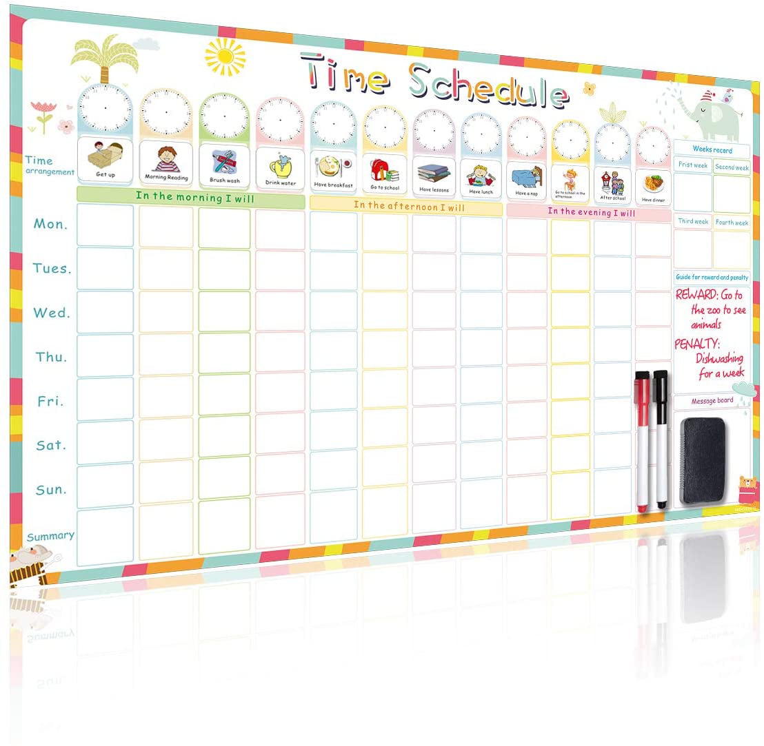 Magnetic Time Schedule Calendar for Kids Magnetic Chore Chart 2 Magnetic Dry Erase Markers 23.6 x 15.7 Includes:40 Magnetic Chores Card Behavior Chart Board