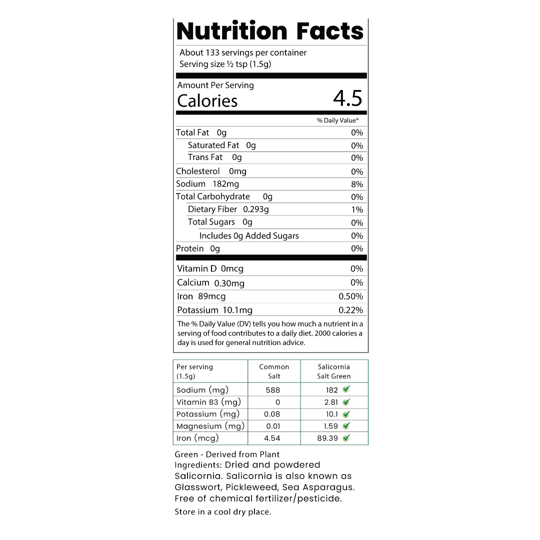 SaltWise Green Salt – 50% Less Sodium, Plant-Based Salt Substitute, 100% Dehydrated Salicornia, Umami (Pack of 2)