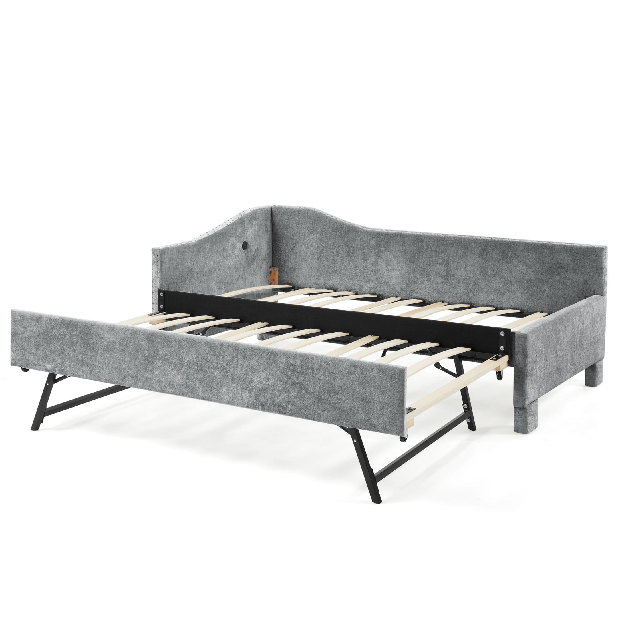Noble House Phineas Full Size Chenille Padded Daybed, Sofa Bed Frame with Twin Trundle and Charging Port, Grey
