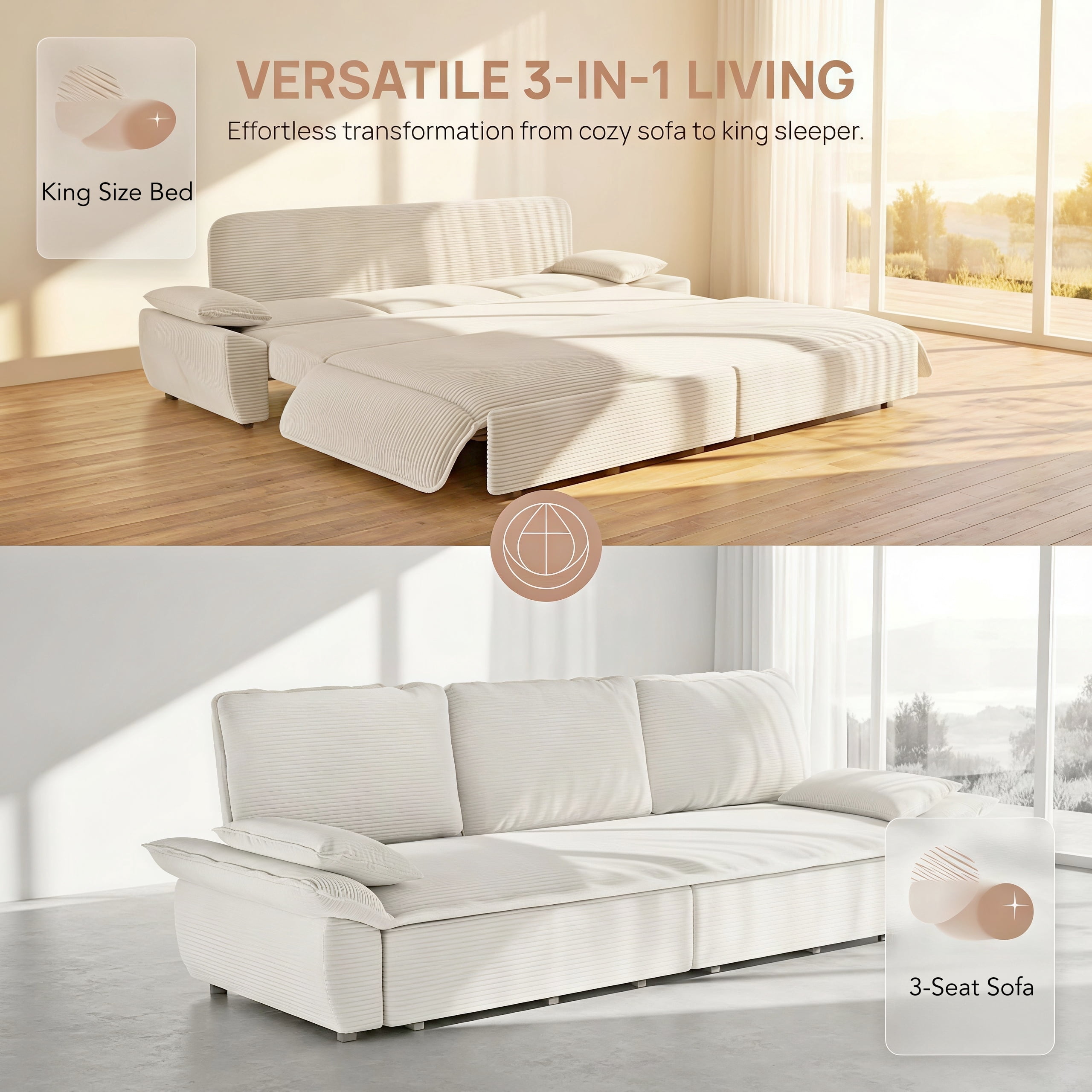 3-in-1 King Size Sleeper Sofa Bed, 94.5" Corduroy Convertible Pull Out Couch with Steel Frame, Modern Folding Lounge Sofa for Living Room, White