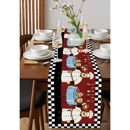 Funny Chef Delicious Dessert Table Runner 13x72in Non-Slip Cotton Linen Table Runners Black and White Checker Dresser Scarves TableRunner for Dinner Kitchen Dining Wedding Party
