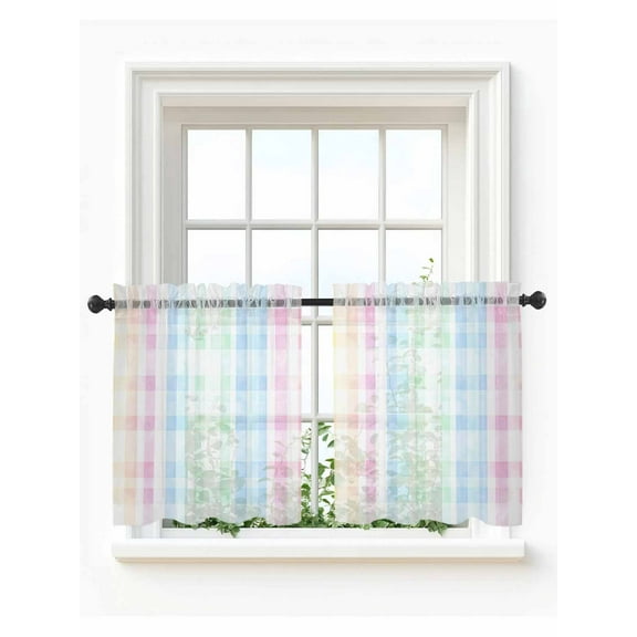 Blue Pink Plaid Tier Curtains 36 Inch Length,Sheer Curtains for Bedroom Living Room Window Pastel Green White Buffalo Patchwork Voile Drapes Kitchen Curtains Small Half Window 27.5"x36" 2 Panels