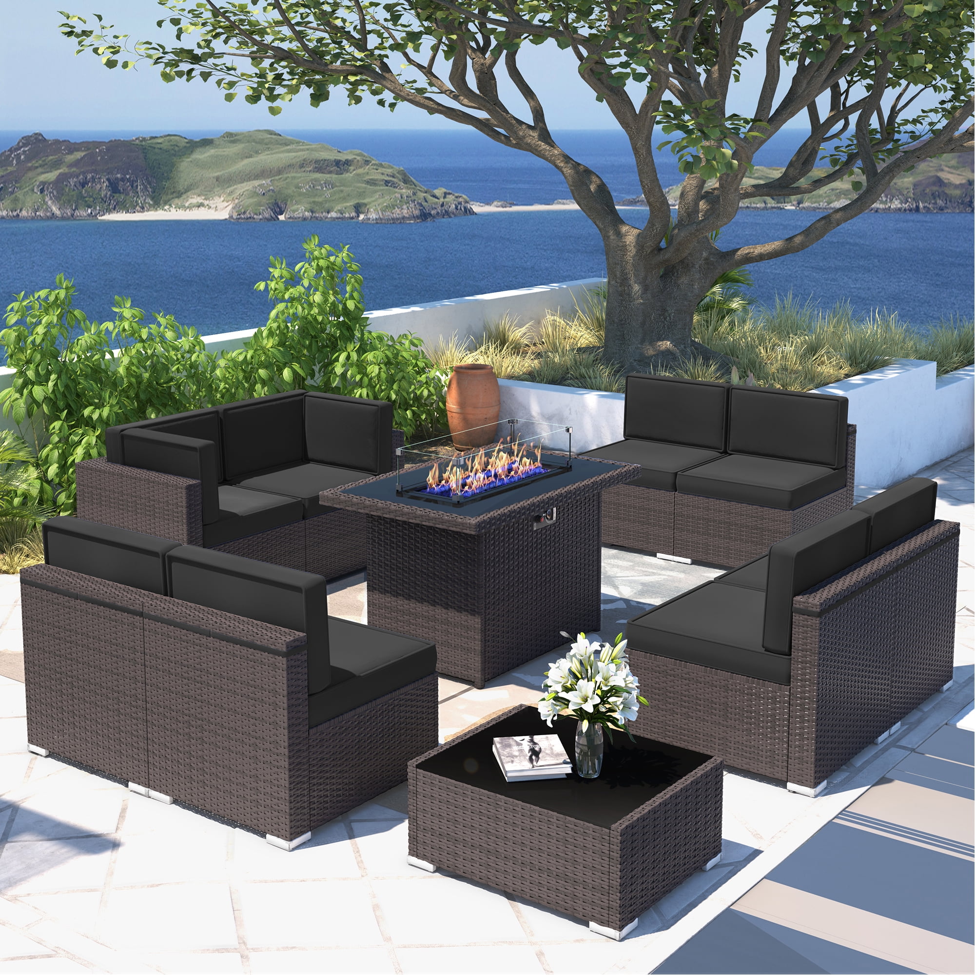 Sunny Hill Rattan 10 Piece Patio Outside Conversation Sofa Set with Coffee Table, Brown