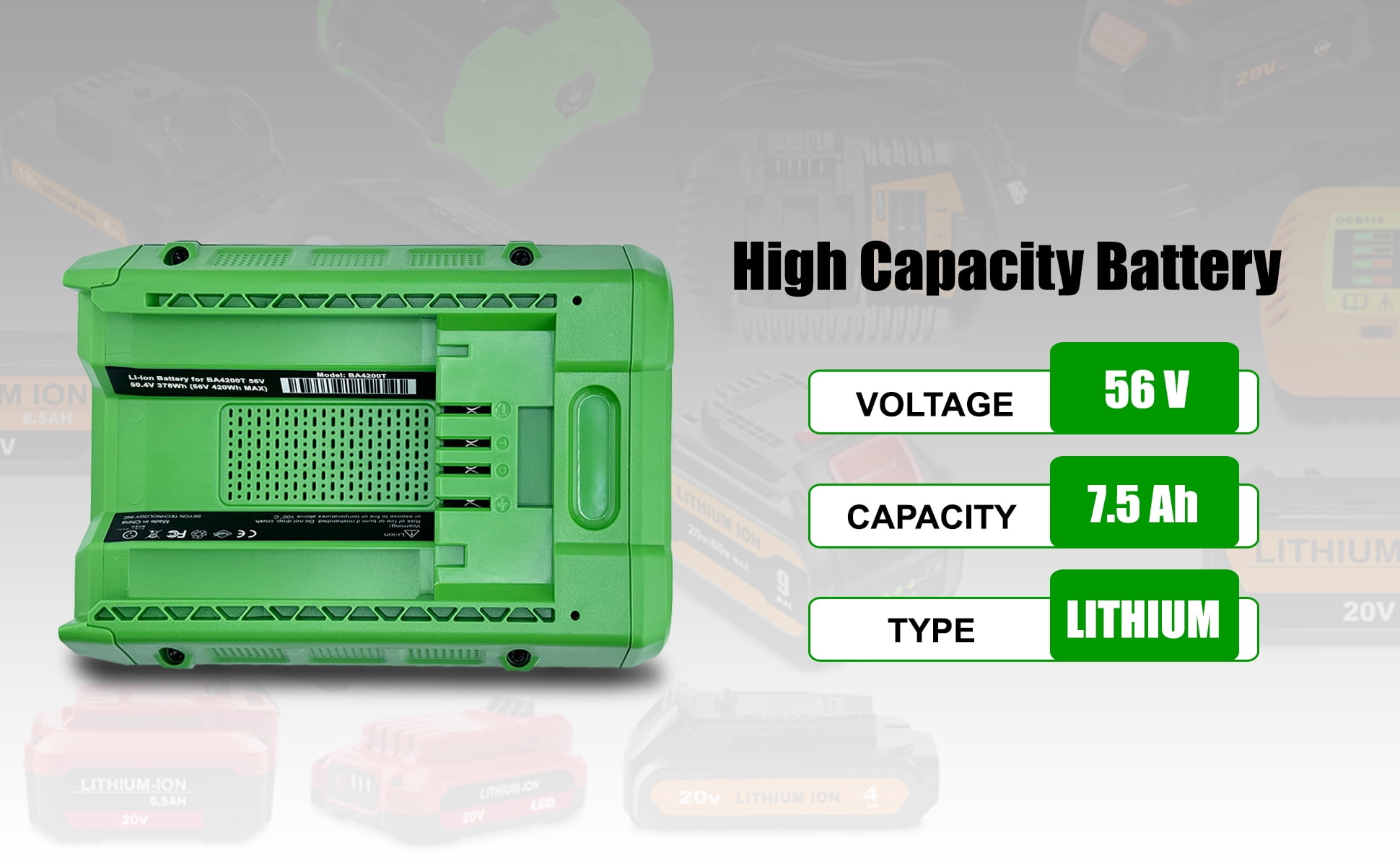 BA4200T 56V 7.5Ah Battery Replacement for EGO 56V Lithium Battery Compatible with EGO 56V Power 5.0Ah BA2800 BA2800T Battery Green