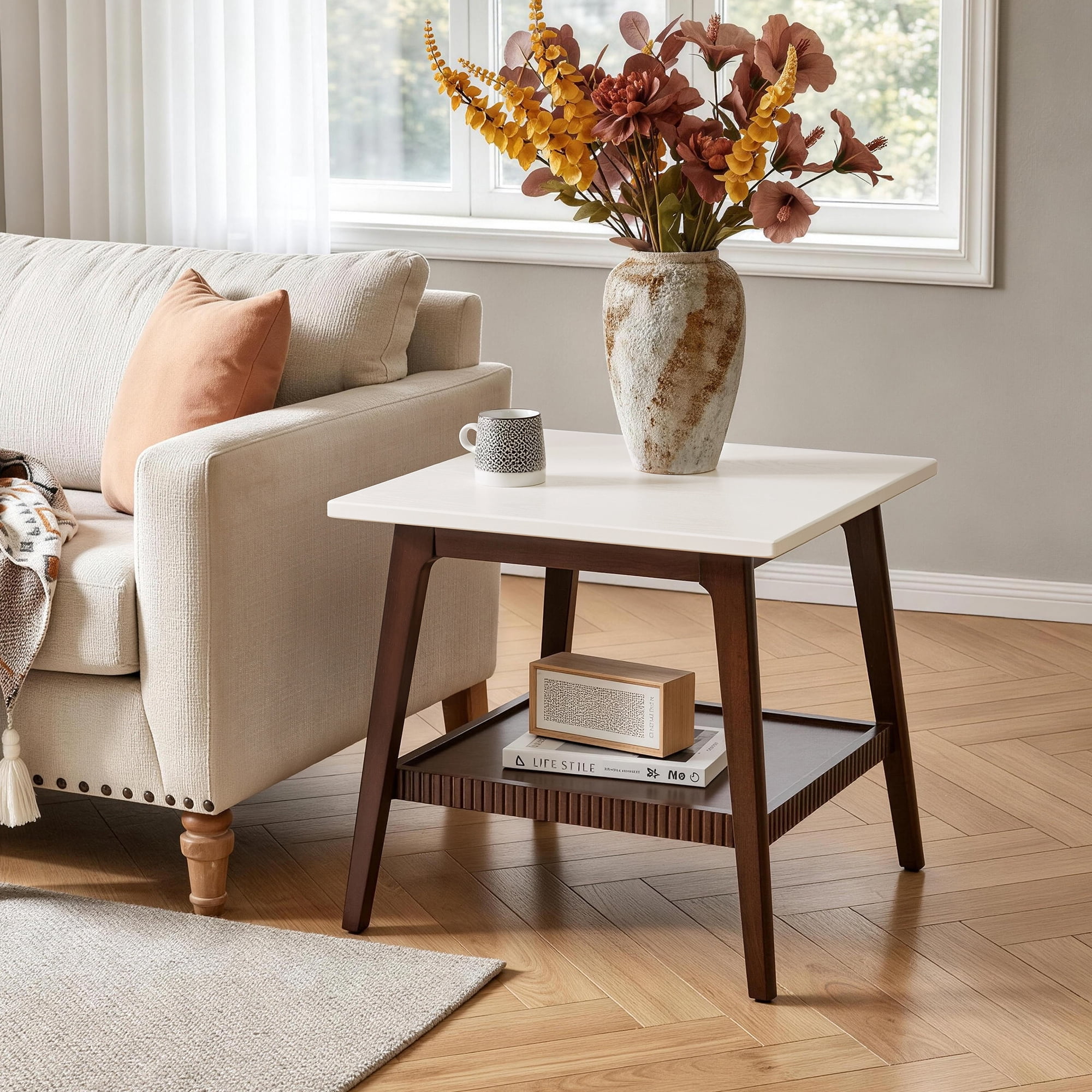 Garitin End Table and Mid Century Modern Side Table 23.62 Inch, Two Tone Wooden Nightstand with Lower Storage Shelf for Living Room Bedroom, Walnut and White