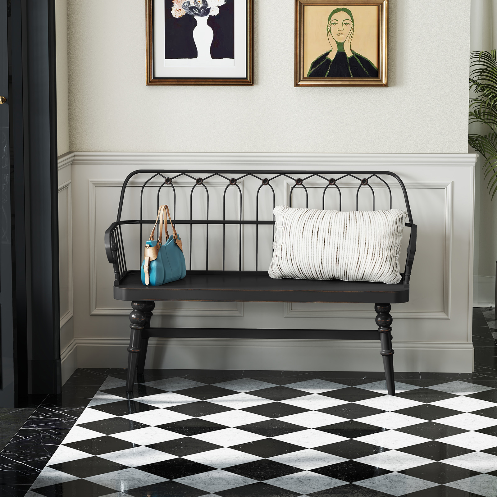 HLR Entryway Bench, Farmhouse Wood with Spindle Back, Black photo 3