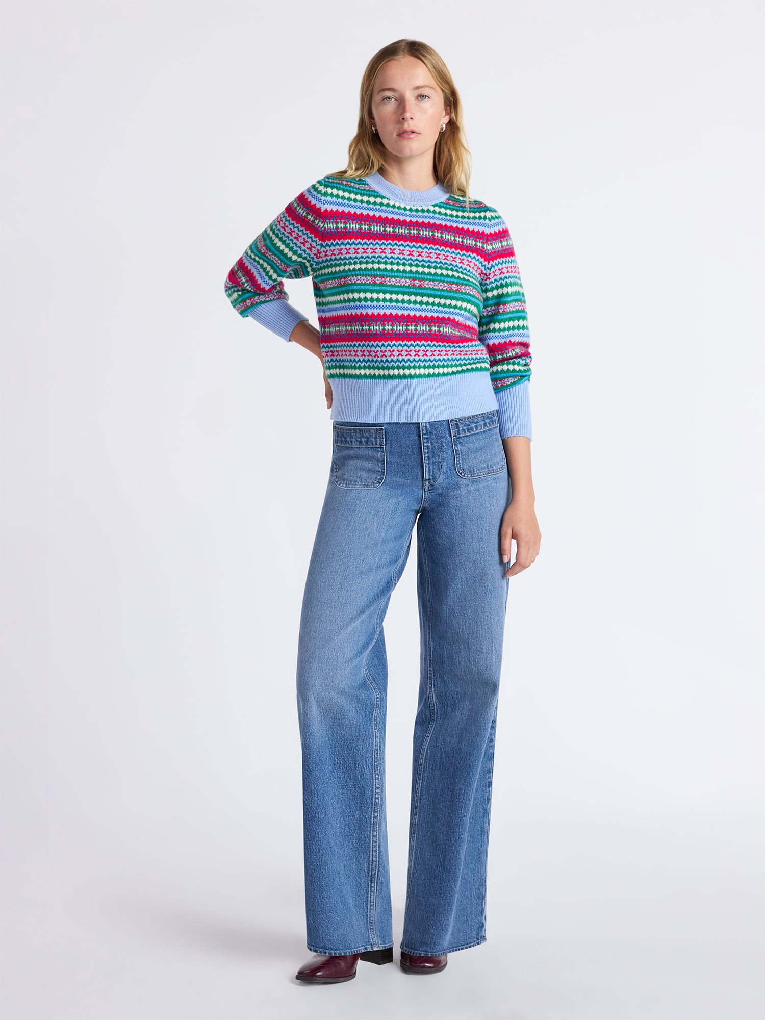 Free Assembly Women's and Women’s Plus Fair Isle Pullover Sweater with Tall Cuffs, Midweight, Sizes XS-4X