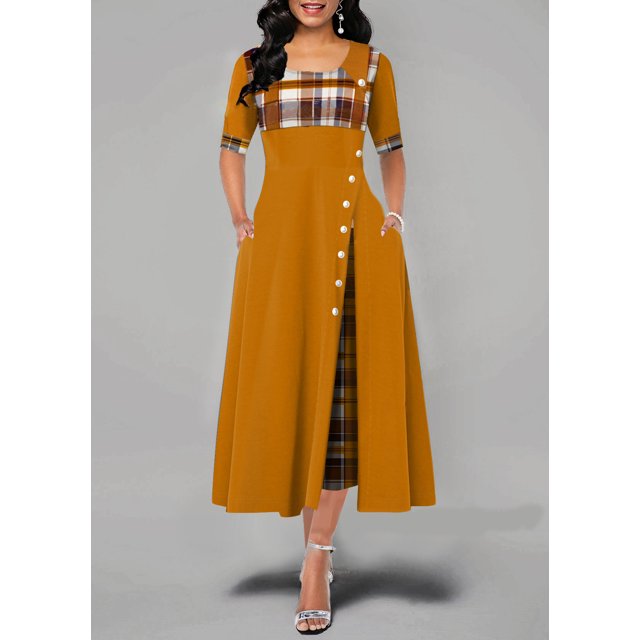 Robe d'Été Col Rond Contraste Couleur Manches Irrégulière Longue Robe en Grandes Quantités Jaune 5XL
