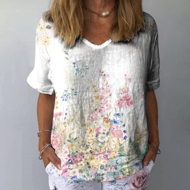 YLHFASHION Chemise à Manches Courtes pour Femmes en Coton et Lin à Motif Floral, Col en V, Clause, Rabais de 50 % Liquidation T-shirt à Manches Courtes pour Femmes