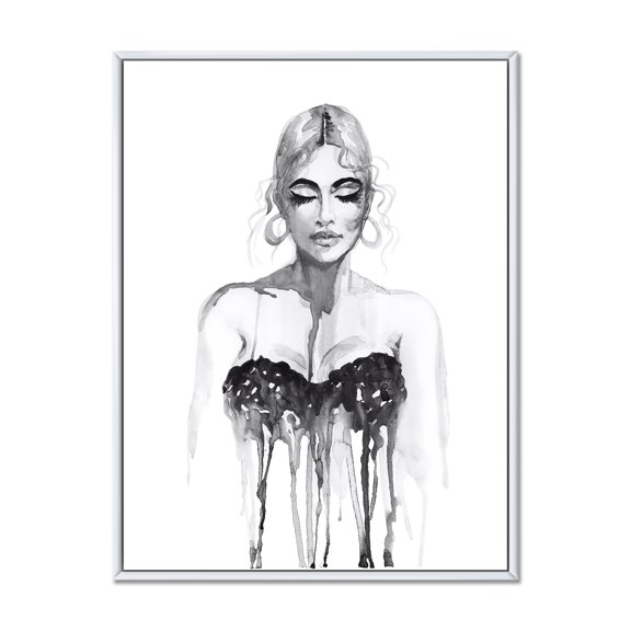 Designart 'Black and White Portrait of Woman Wearing Evening Dress' Modern Framed Canvas Wall Art Print
