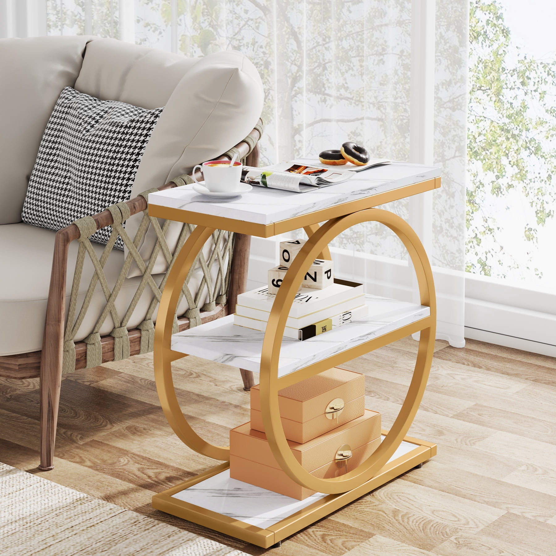 Tribesigns End Table, Wood Side Table with Black Metal Frames, Narrow End Table with 3 Storage Shelves for Living Room