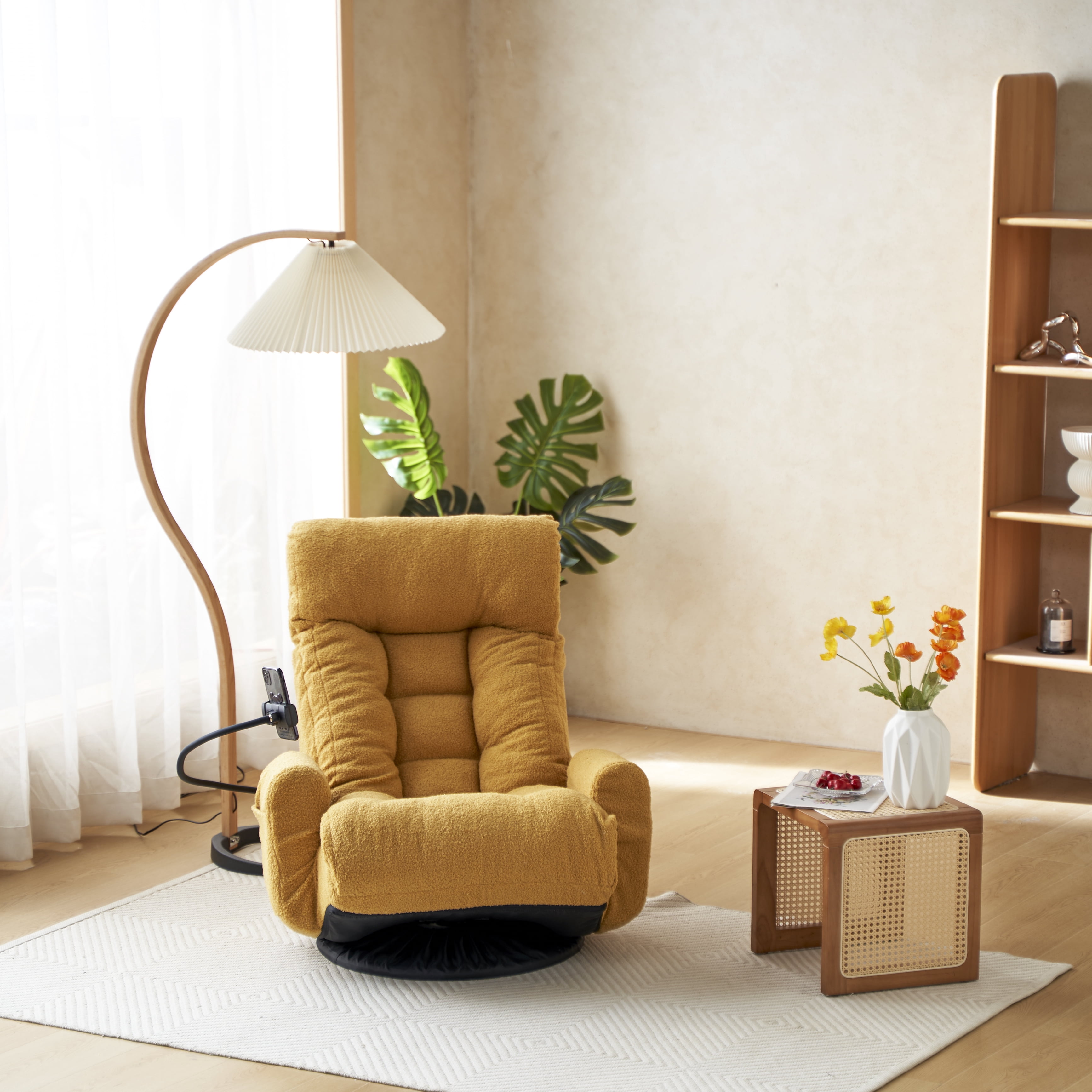 Reclining Chair, Floor Chair, Adjustable Lounge Chair with 5-Position Backrest, Built-in Spring Seat and 360-Degree Swivel Base, Foldable Design, Yellow