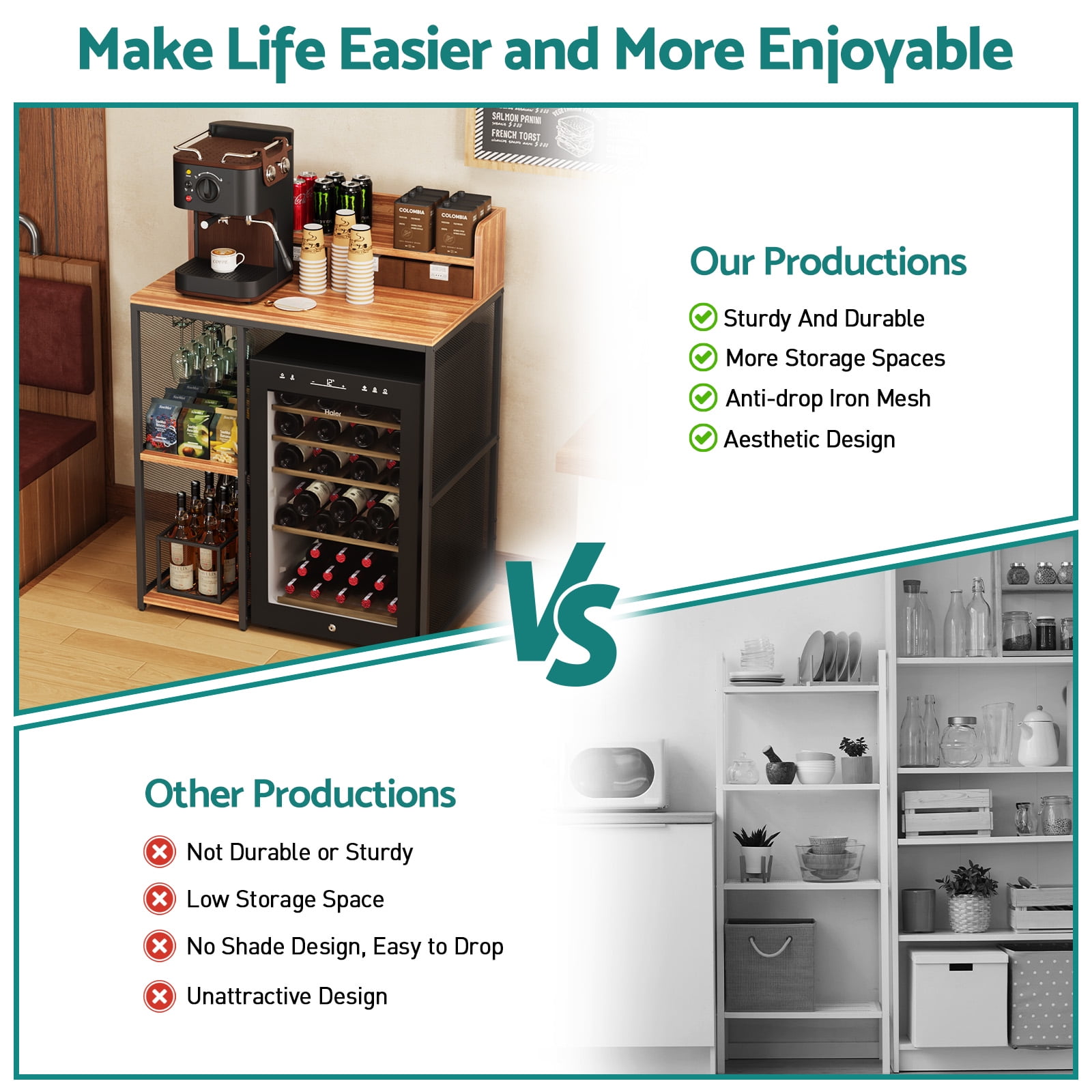 Advwin 4-Tier Mini Fridge & Microwave Oven Stand, Adjustable Kitchen Bakers Rack, Industrial Style Freestanding Utility Storage Shelf for Living Room, Dorm, Office, Bar, Natural