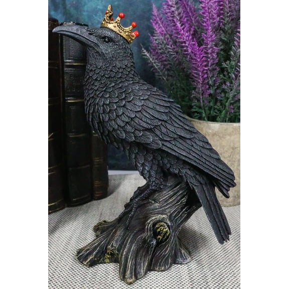 Macabre Gothic Royal Crowned Raven King Perching On Tree Stump Figurine 6.5"H