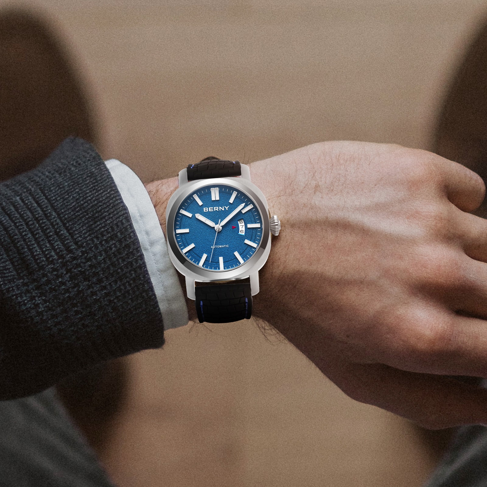 BERNY Automatic Watch for Men, Sport 10ATM Waterproof Mechanical Watch with Silicone Strap, Date Calendar, Super Luminous, Sapphire Glass, Fashionl Men's Diver Wristwatch, Blue