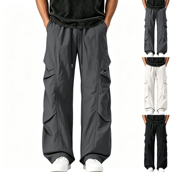 TKKCS Mens Ruched Parachute Cargo Pants Flap Side Pocket Loose Fit Wide Leg Drawstring Elastic Waist Casual Outdoor Trousers Dark Gray XL