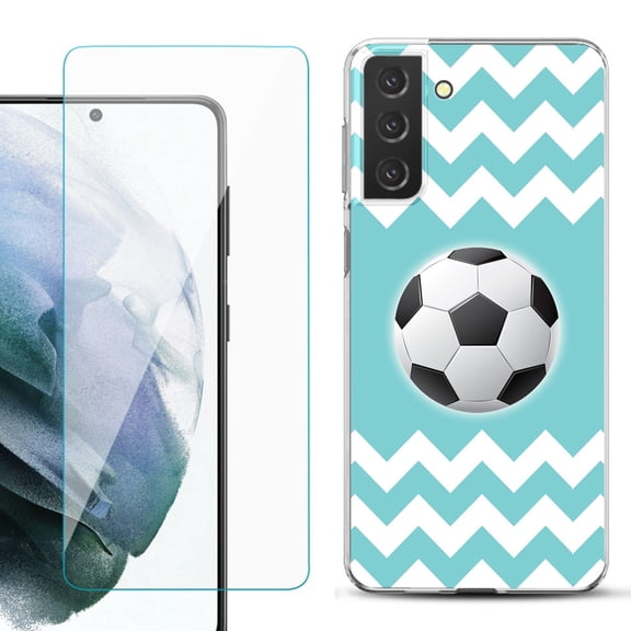 Slim-Fit TPU Fashion Phone Case for Samsung Galaxy S21 FE 5G Fan Edition, with Tempered Glass Screen Protector, by OneToughShield ® - Chevron/Soccer