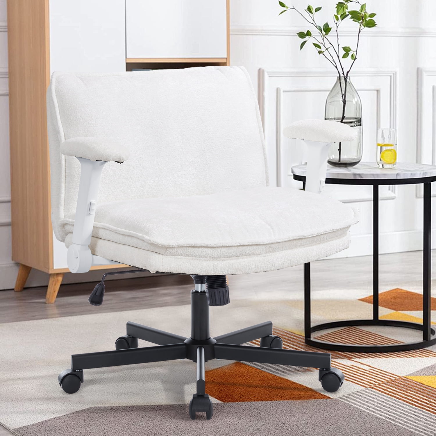 Criss Cross Chair with Wheels and Adjustable Flip-Arms, Cross Legged Office Chair with Thick Cushion, Wide Makeup Vanity Chair, Comfy Swivel Desk Chair for Home Office, Apartment, Bedroom, Beige
