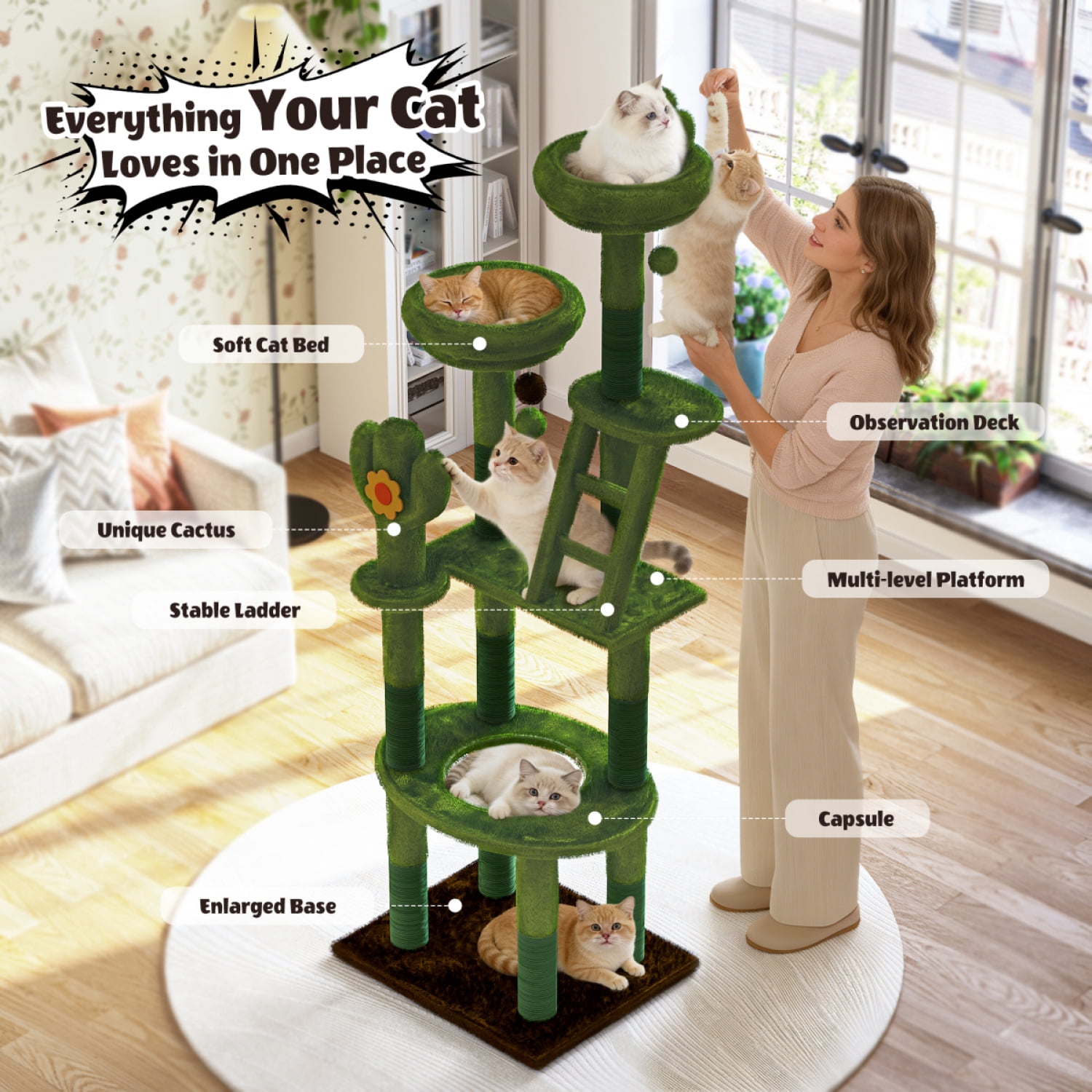 Green 72in Cactus Cat Tree Tall Cat Tower for Indoor Cats with Transparent Capsule Sisal Scratching Posts Plush Perches Interactive Toys Multi Level Activity Center