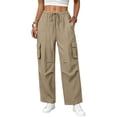 thumbnail image 4 of Mifsaly Lightweight Cargo Pants for Women Cotton Linen Elastic Waist Drawstring Causal Summer Pants with Multi Pockets Loose Relaxed Fit Outdoor Lounge Outfits Khaki,M, 4 of 5
