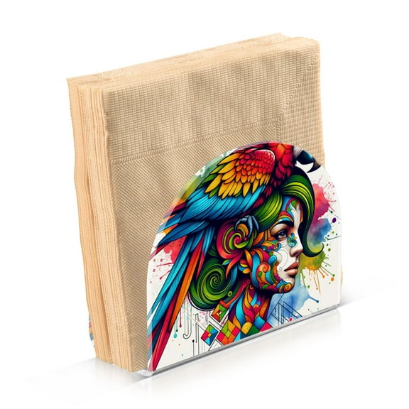 Acrylic Clear Cocktail Napkin Holder 4.1x4.9x2 inch Woman with Colorful Parrot