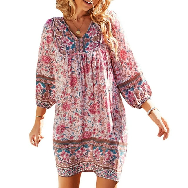 CNKOO Womens Boho Floral Dresses V Neck Long Sleeve Ruffle Hem A-Line Mini Dress Beachwear