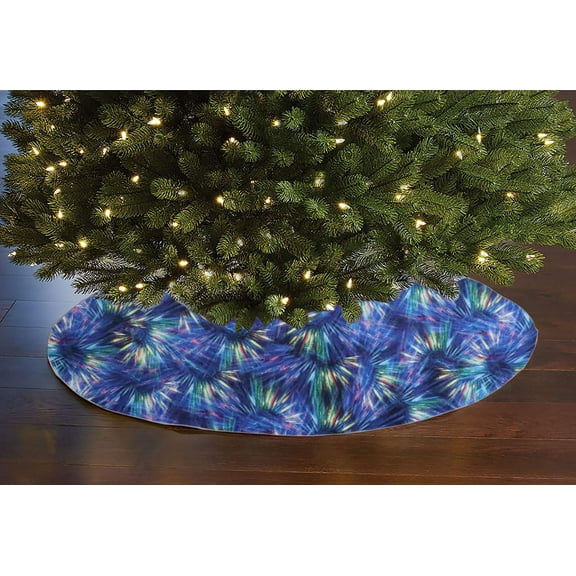 Cotton Print Holiday Tree Skirt 42" Round Fireworks on Blue