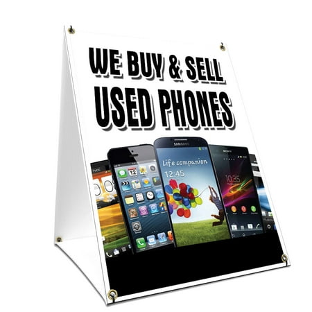 A-frame Sidewalk We Buy & Sell Used Phones Sign With Graphics On Each Side | 18