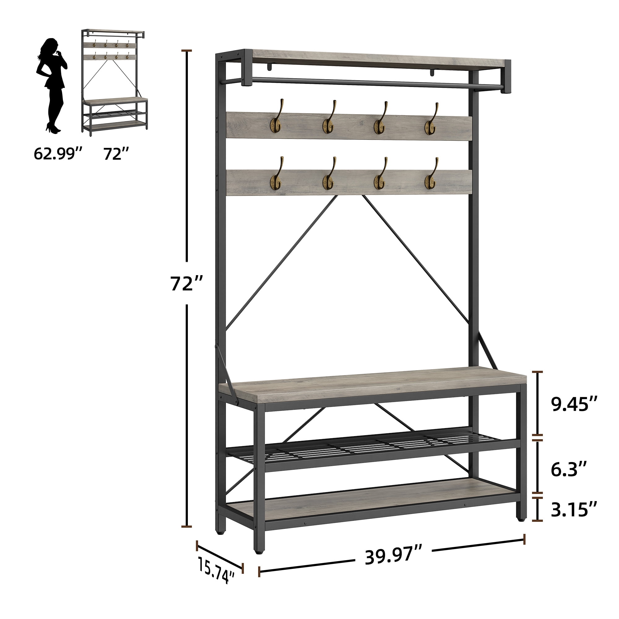EastVita Coat Rack Shoe Bench Industrial Hall Tree Storage Bench for Entryway Wood Look Accent Large Shoe Rack Bench with Storage Shelf Hanging Bar,8 Hooks Grey 39.9"x15.7"x72"