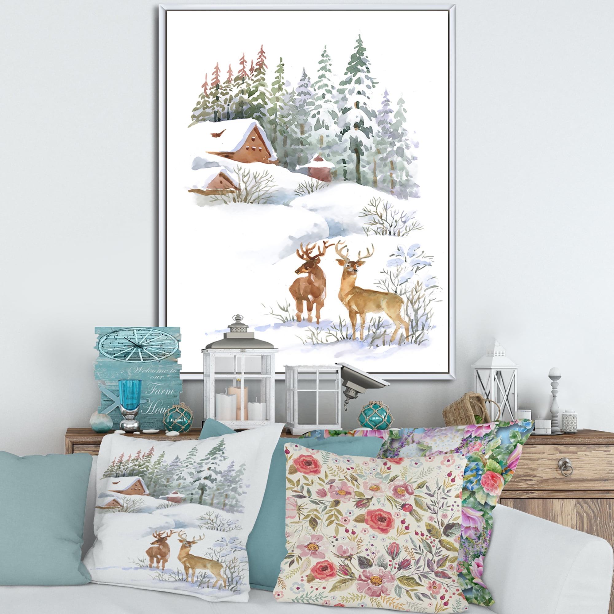 Designart 'Two Deers With Winter Cottage' Farmhouse Framed Canvas Wall Art Print