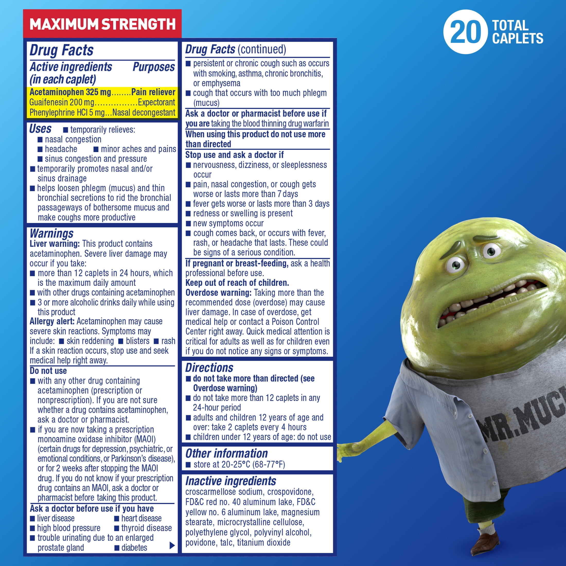 Mucinex Sinus-Max Severe Congestion & Pain Medicine, OTC Headache Relief, Nasal Decongestant, 20 Caplets